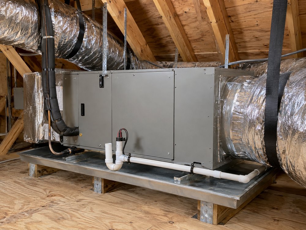 An air handler in a Savannah attic with its condensate line, secondary drain pan and flexible ductwork.
